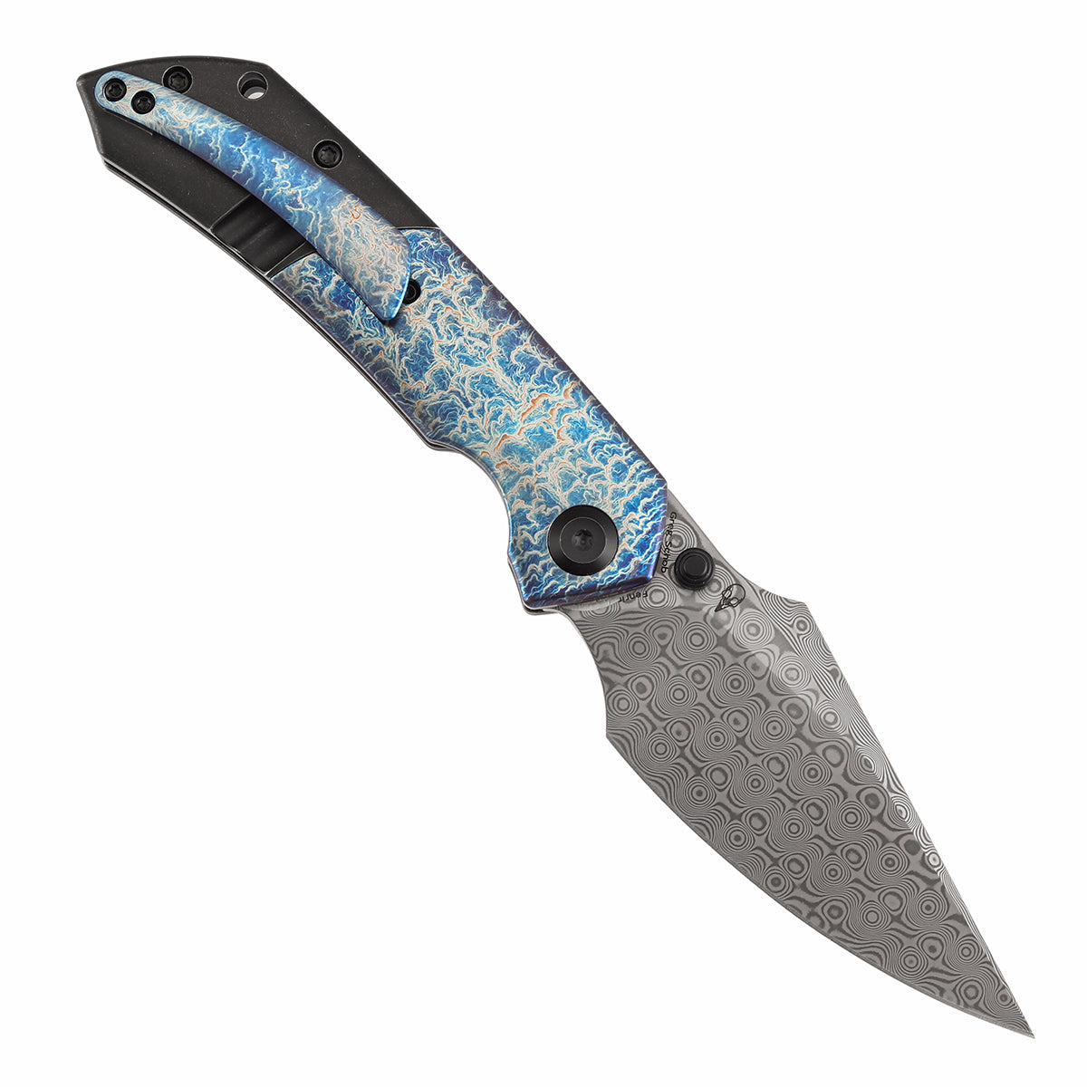 Kansept Fenrir K1034D2 open position showing Damascus harpoon blade