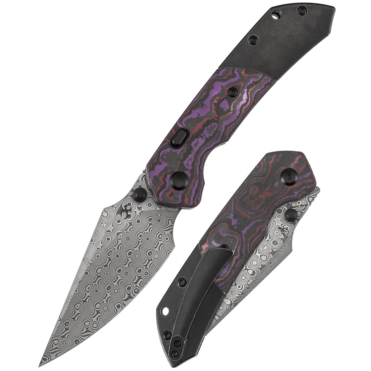 Kansept Fenrir K1034H3 front view – 3.4" Acid Etched Damascus Harpoon folding knife