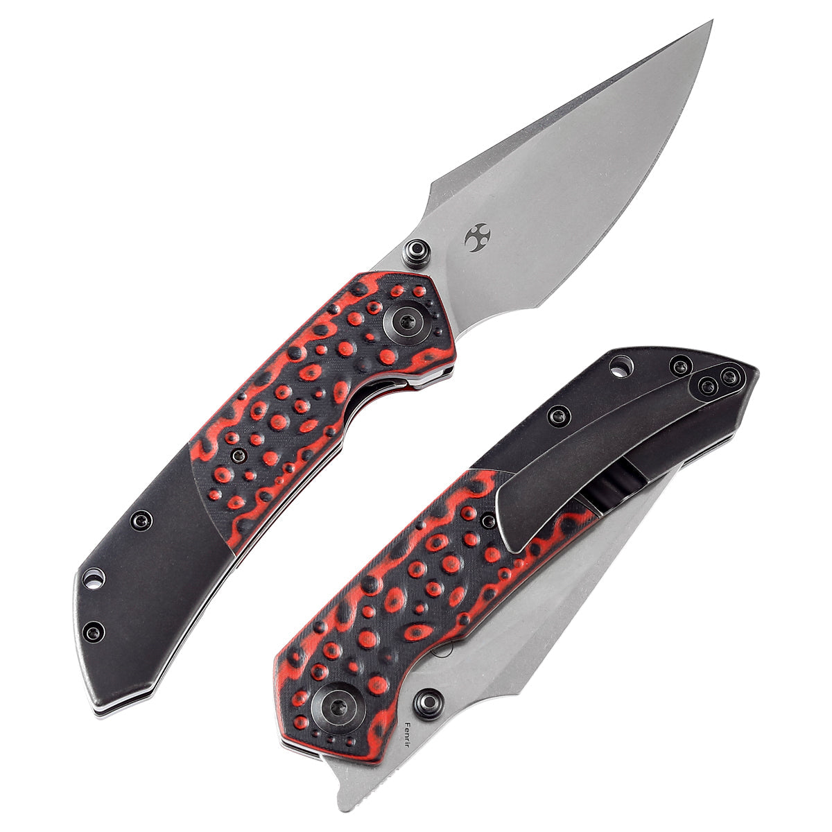 Kansept Fenrir K1034L2 left-handed front view – 3.48" black stonewashed CPM-S35VN harpoon folding knife