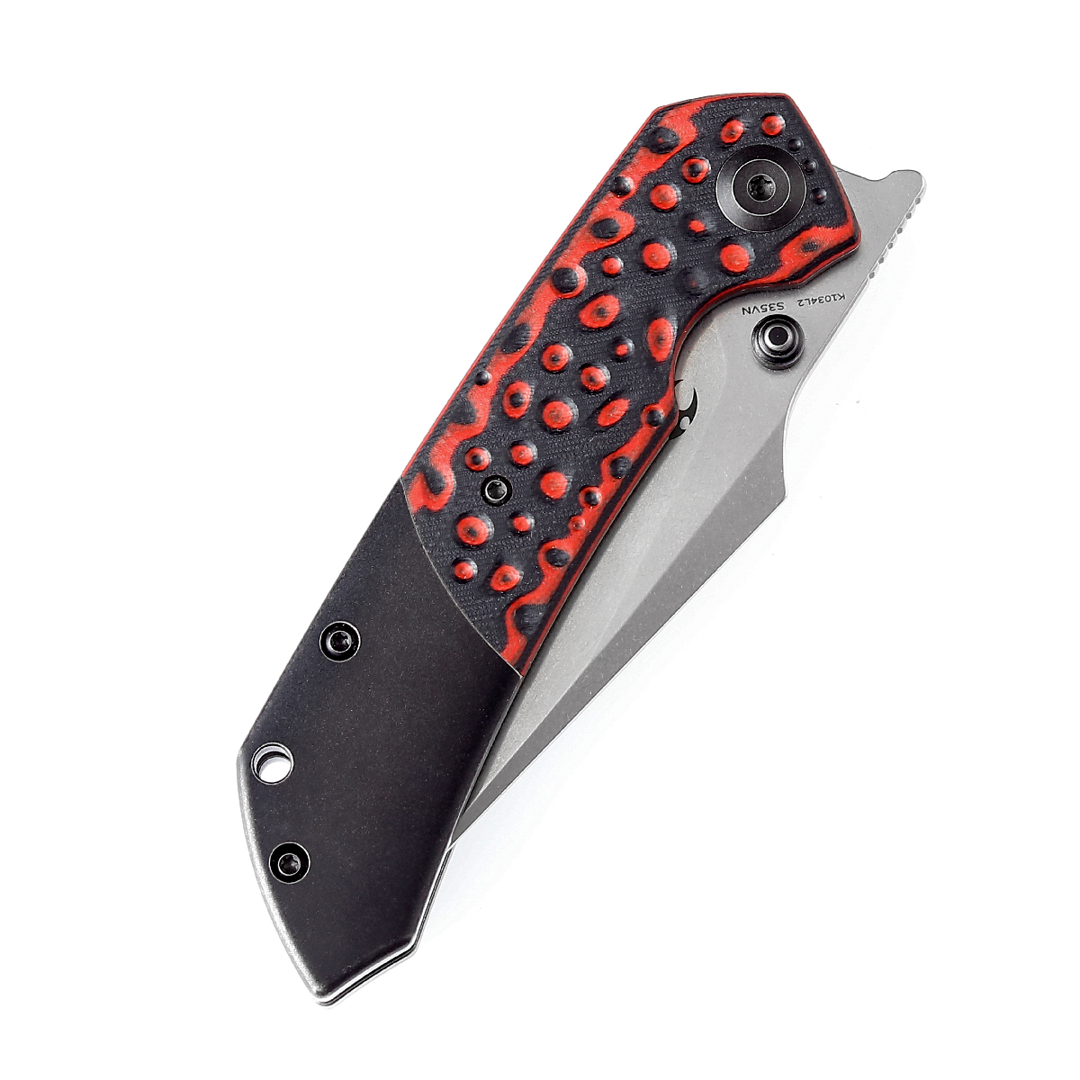 Kansept Fenrir K1034L2 black stonewashed titanium and red black G10 handle scales