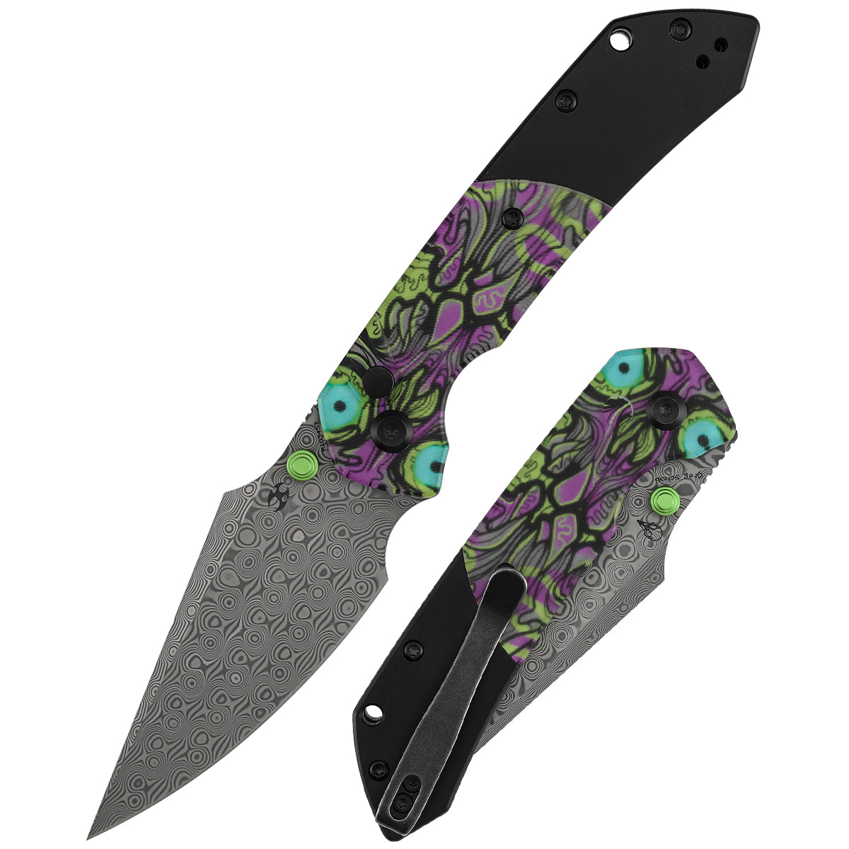 Kansept Fenrir K1034S7 front view – 3.45" Damascus harpoon button lock folding knife