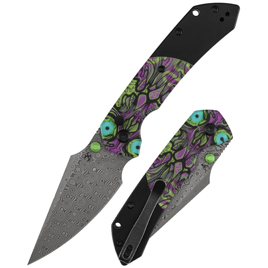 Kansept Fenrir K1034S7 front view – 3.45" Damascus harpoon button lock folding knife