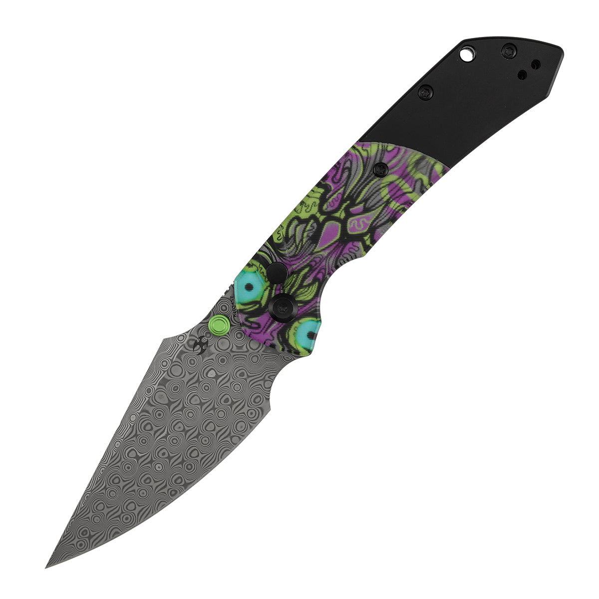 Kansept Fenrir K1034S7 open position showing Damascus harpoon blade