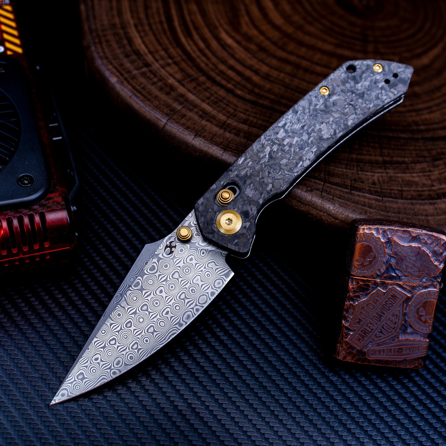 Kansept Fenrir K1034V1 front view – 3.48" Damascus harpoon folding knife