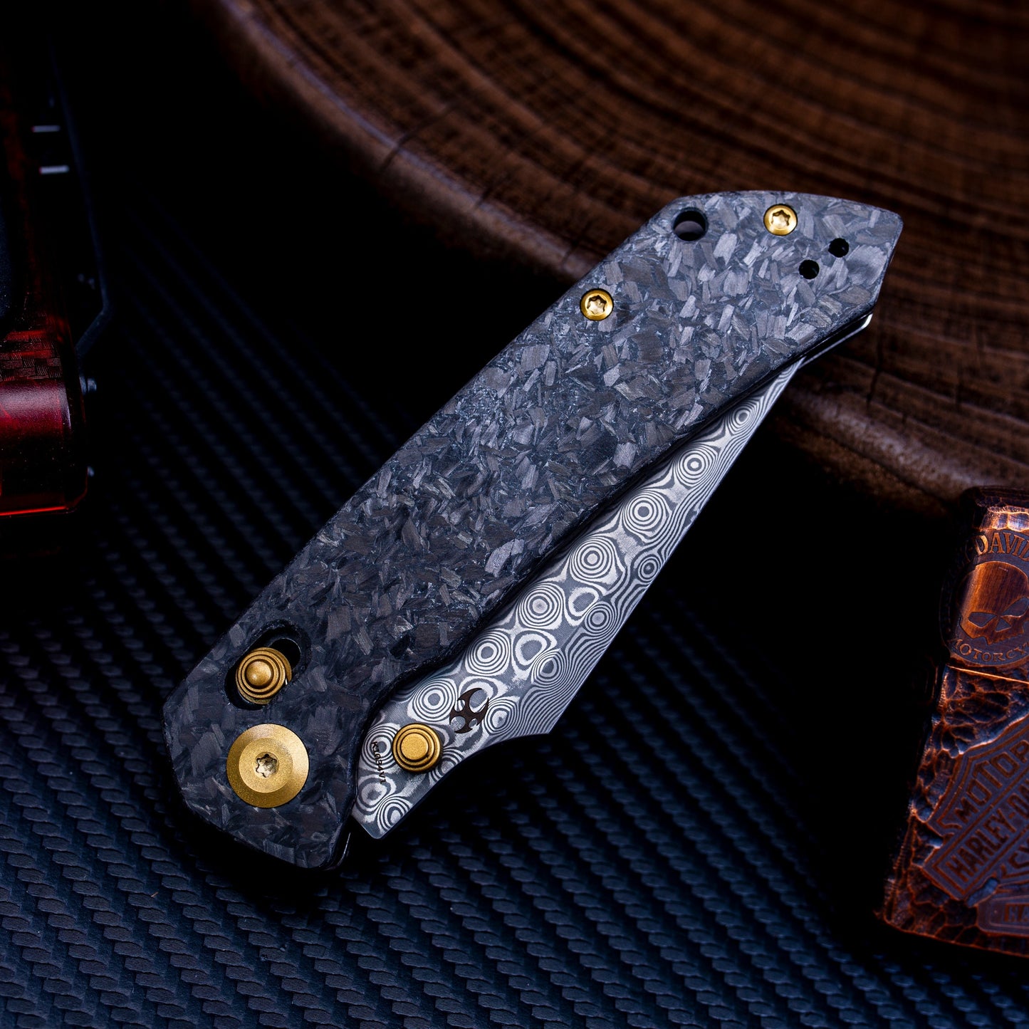 Kansept Fenrir K1034V1 open position showing Damascus harpoon blade
