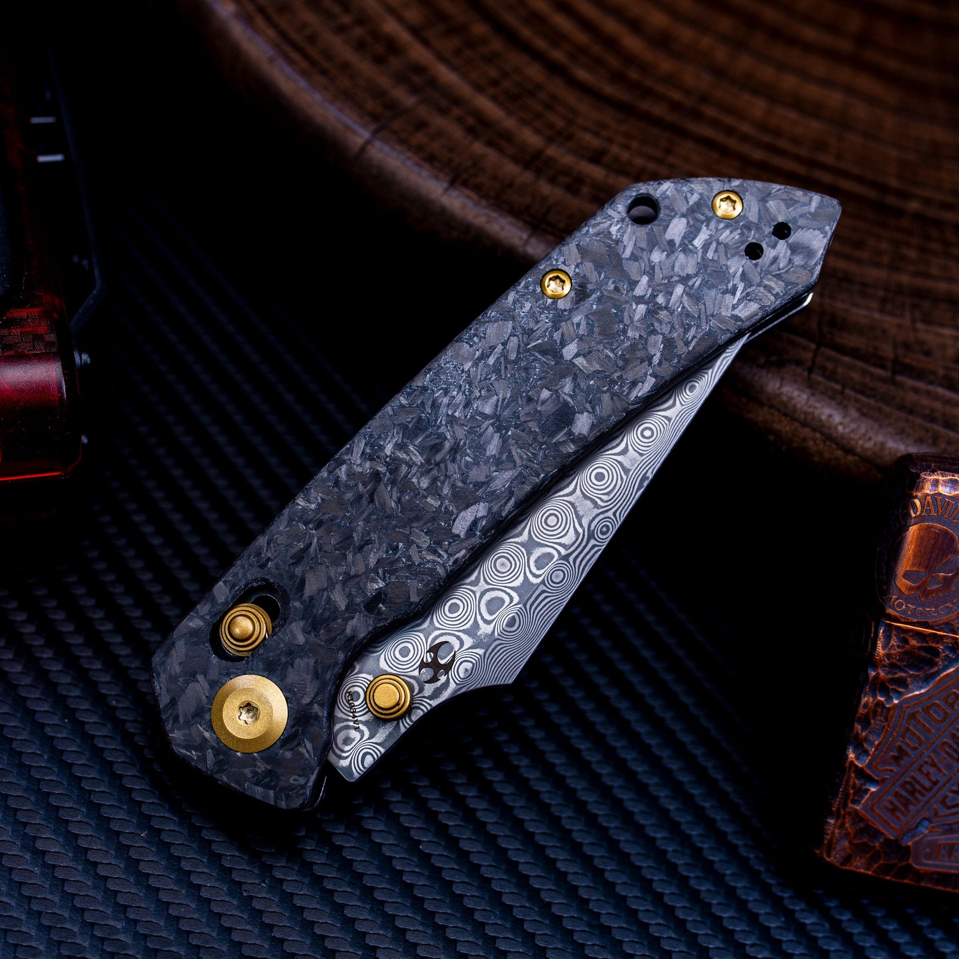 Kansept Fenrir K1034V1 open position showing Damascus harpoon blade