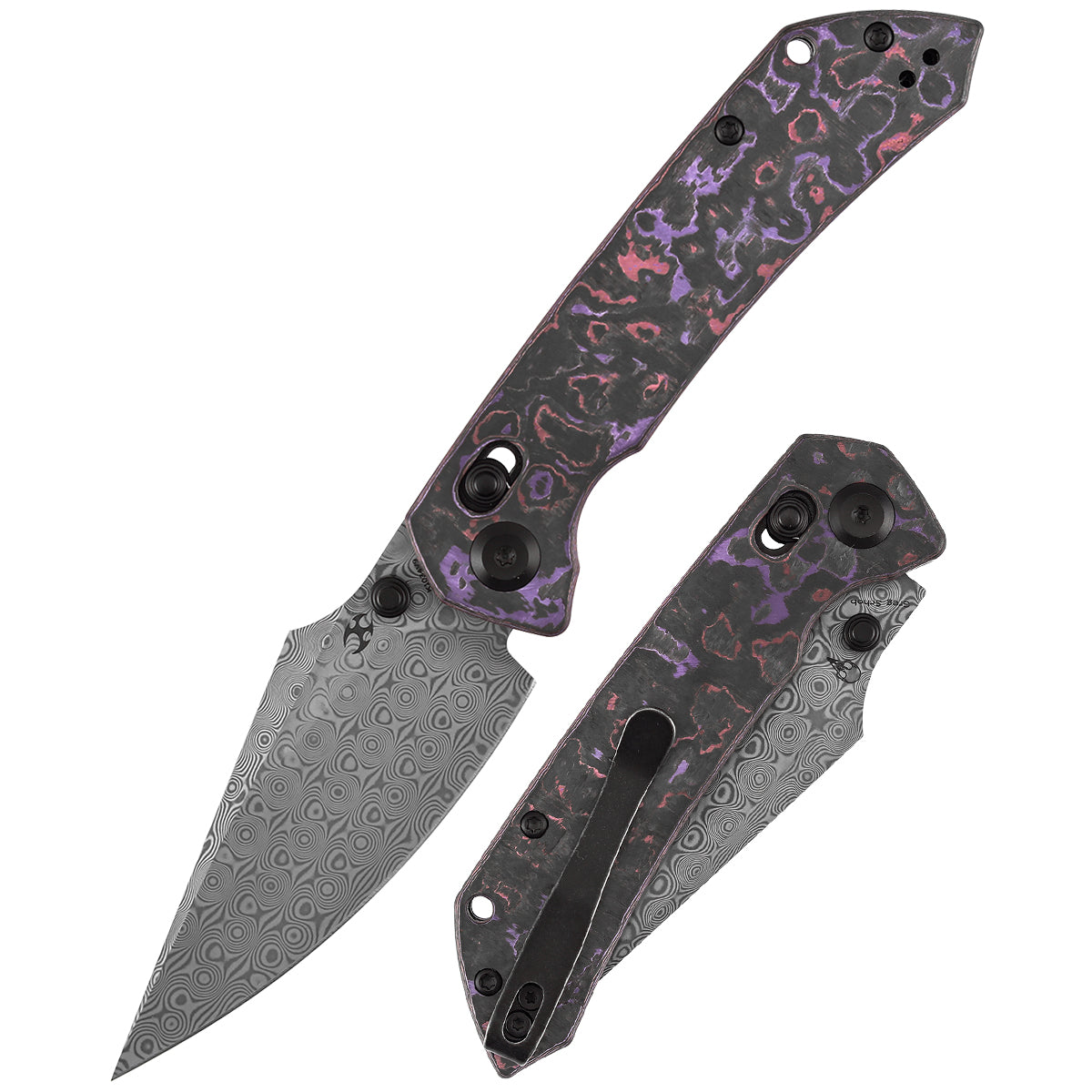 Kansept Fenrir K1034V9 front view – 3.48" Damascus harpoon crossbar lock folding knife