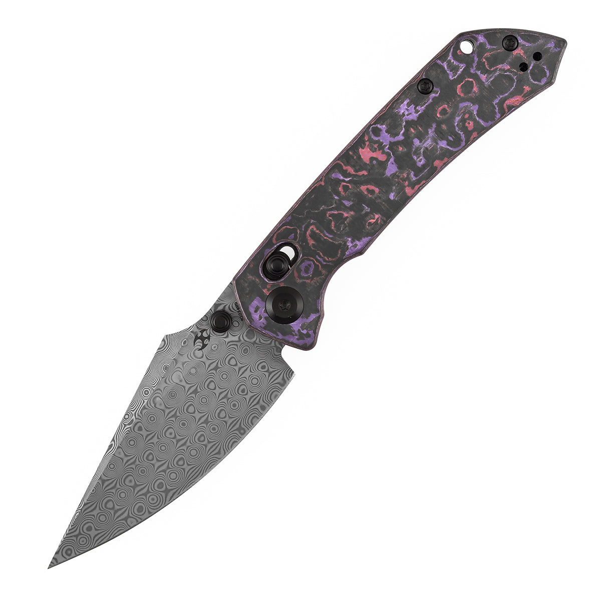 Kansept Fenrir K1034V9 open position showing Damascus harpoon blade