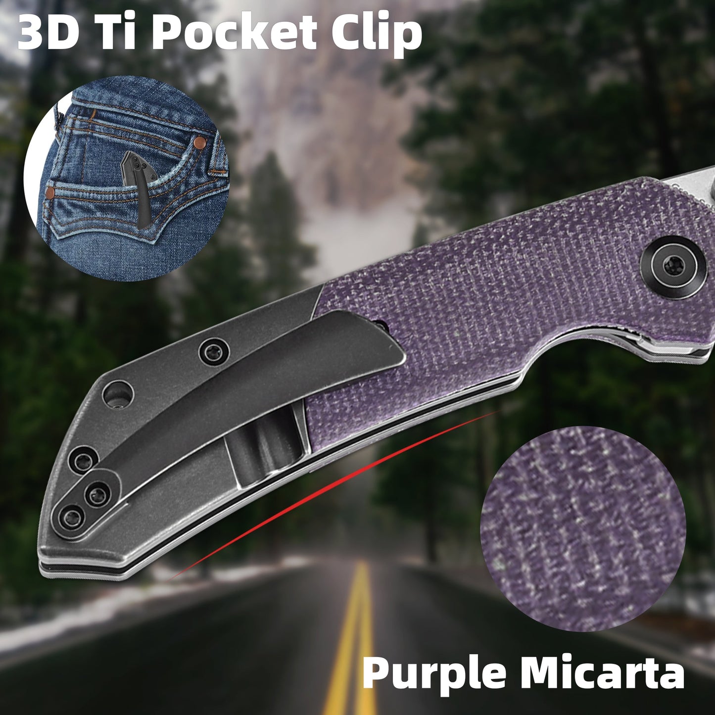 Kansept Fenrir K1034Z1 blackwash titanium and purple micarta handle scales