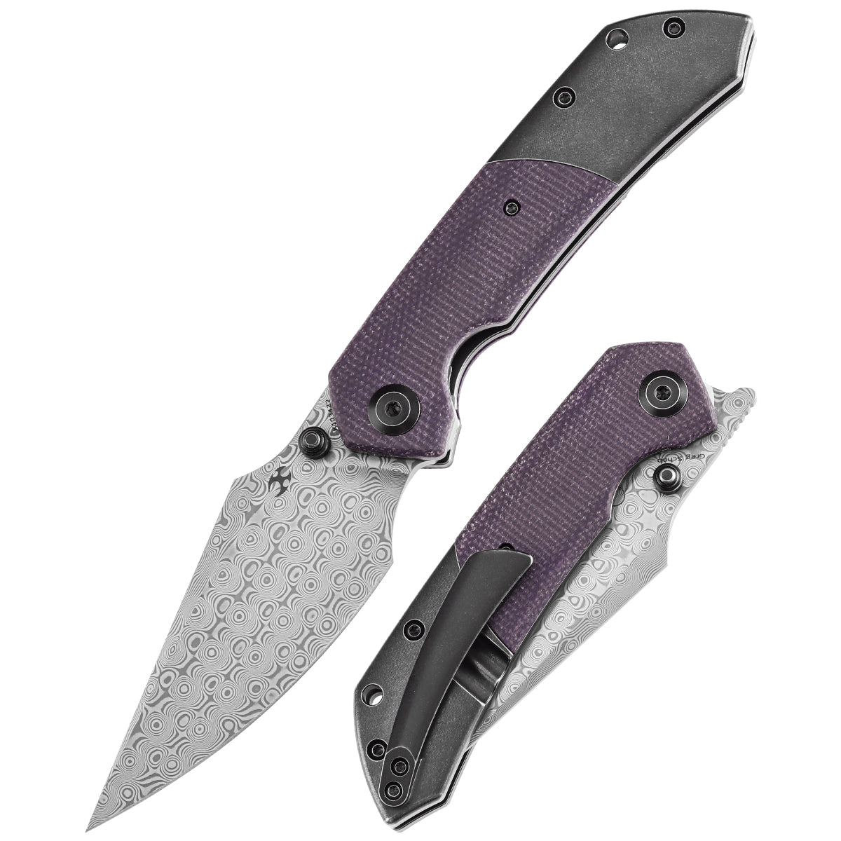Kansept Fenrir K1034Z2 front view – 3.48" Damascus harpoon folding knife