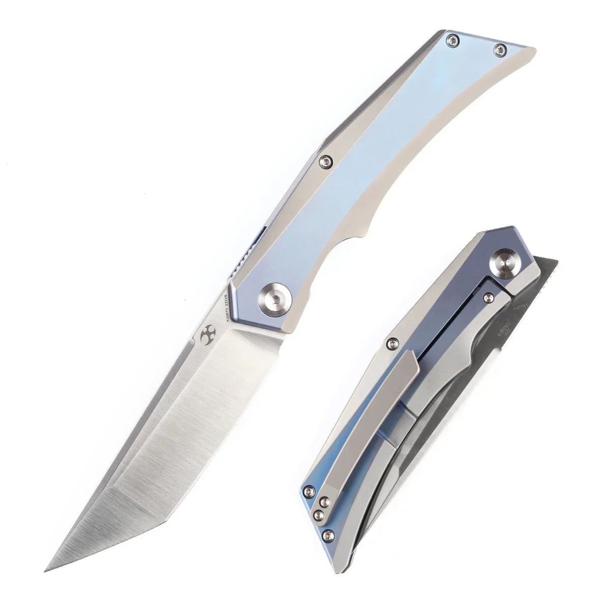 Kansept Naska K1035T3 – 3.75" Satin CPM-S35VN Tanto Blade, Blue & Silver Anodized Titanium Handle, Frame Lock – APK Designs