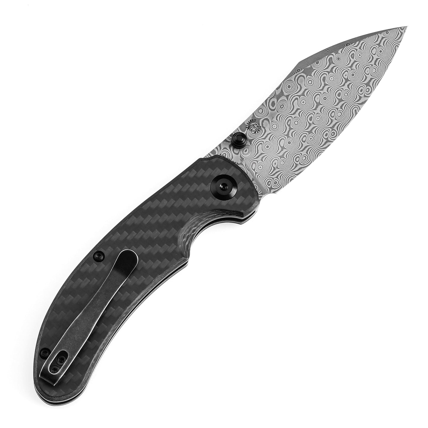 Kansept Nesstreet K1039F6 open position showing Damascus drop point blade