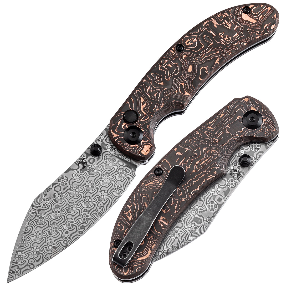 Kansept Nesstreet K1039F7 front view – 3.58" Damascus drop point folding knife