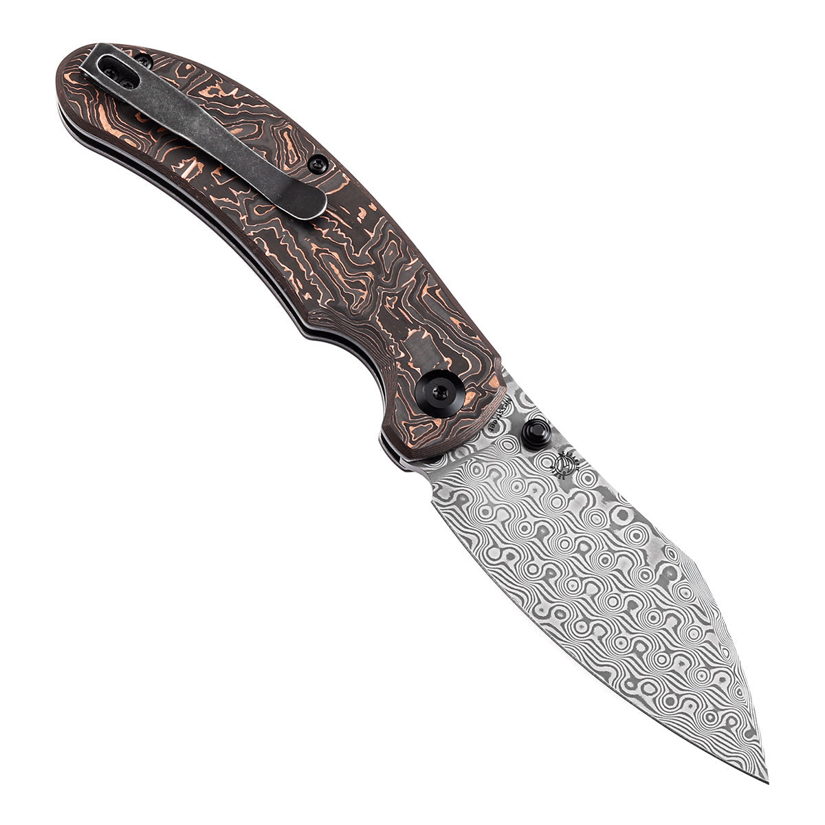 Kansept Nesstreet K1039F7 open position showing Damascus drop point blade