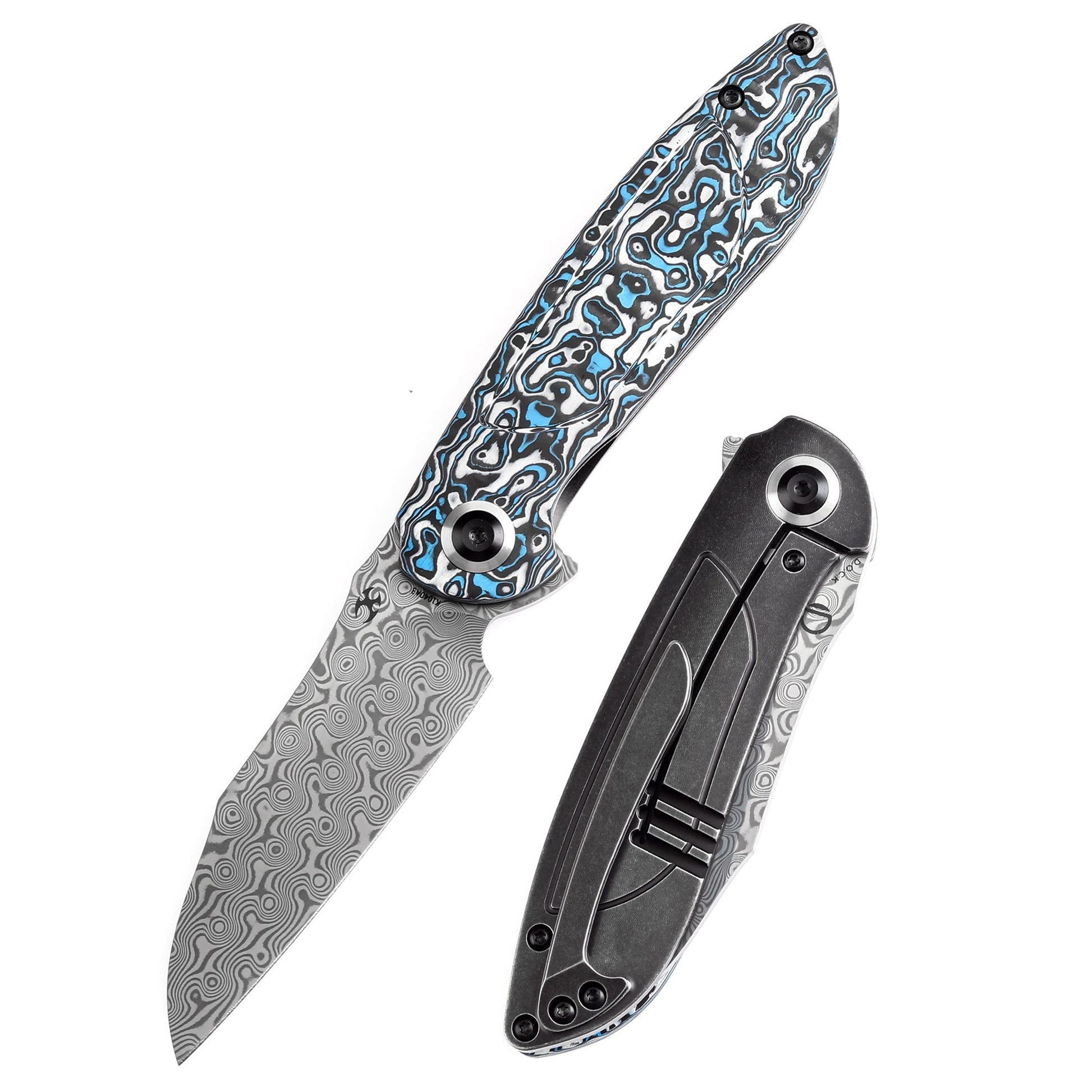 Kansept Prometheus K1040A3 front view – 3.29" Damascus drop point folding knife