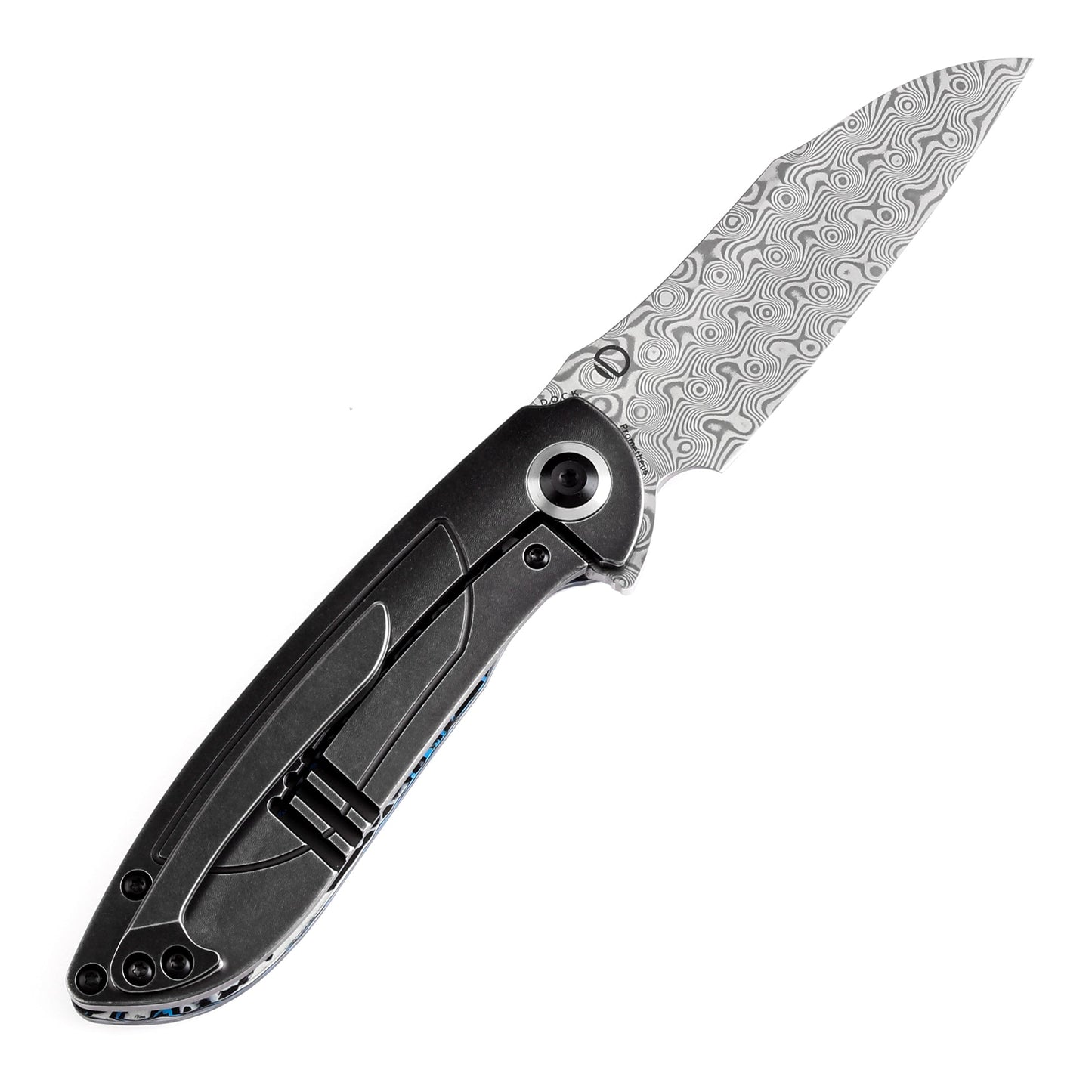 Kansept Prometheus K1040A3 open position showing Damascus drop point blade