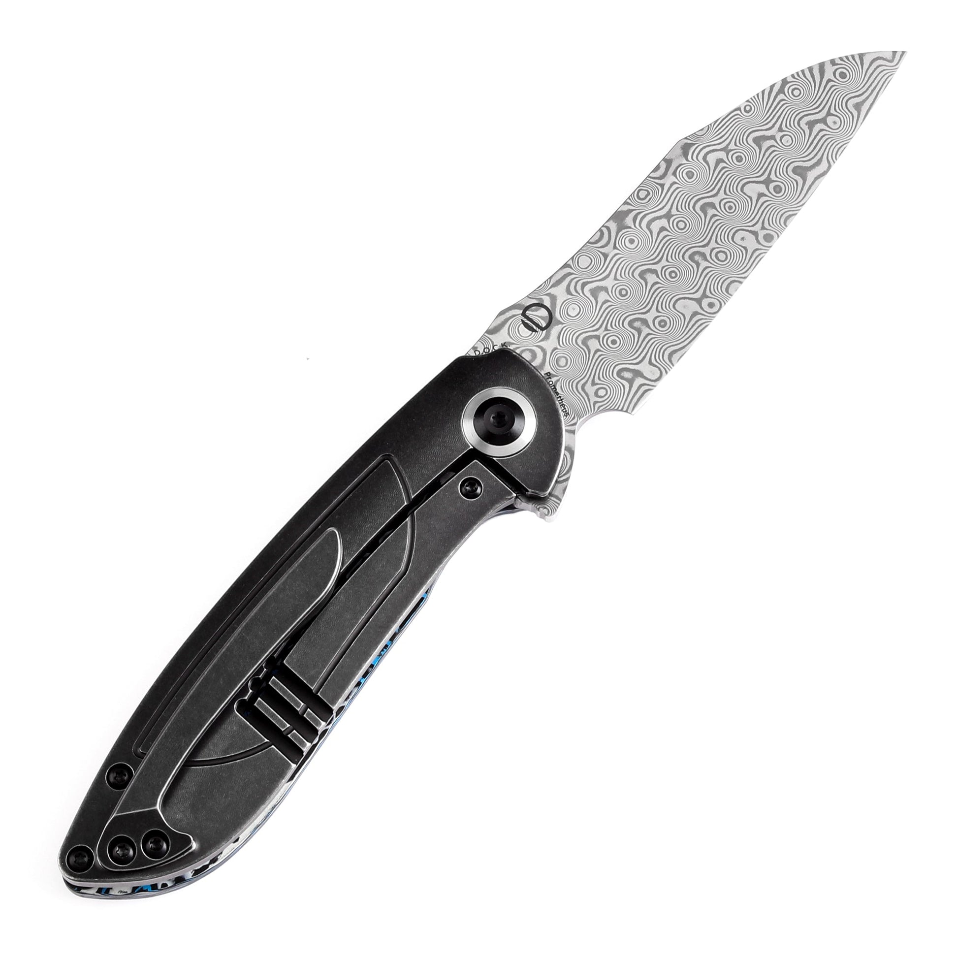 Kansept Prometheus K1040A3 open position showing Damascus drop point blade