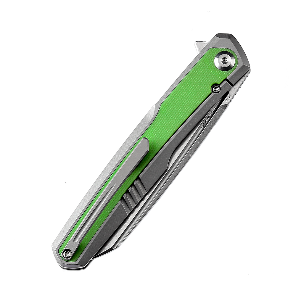 Kansept Arcus K1046A2 stonewashed titanium and grass green G-10 handle scales