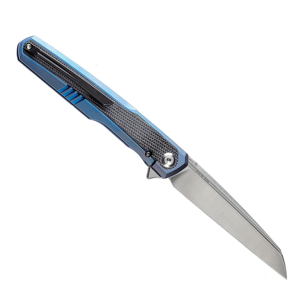 Kansept Arcus K1046A3 blue titanium and black Micarta handle scales