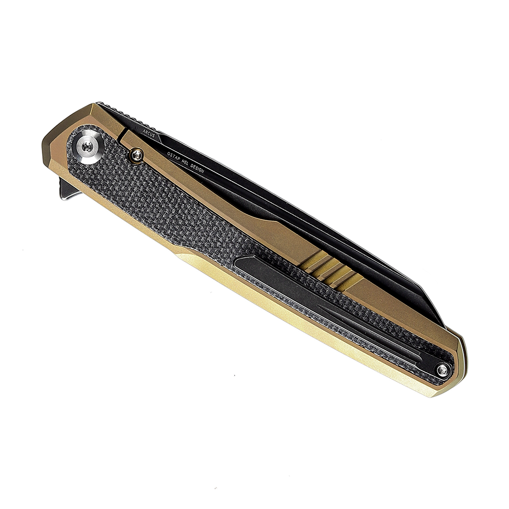 Kansept Arcus K1046A4 golden titanium and black Micarta handle scales