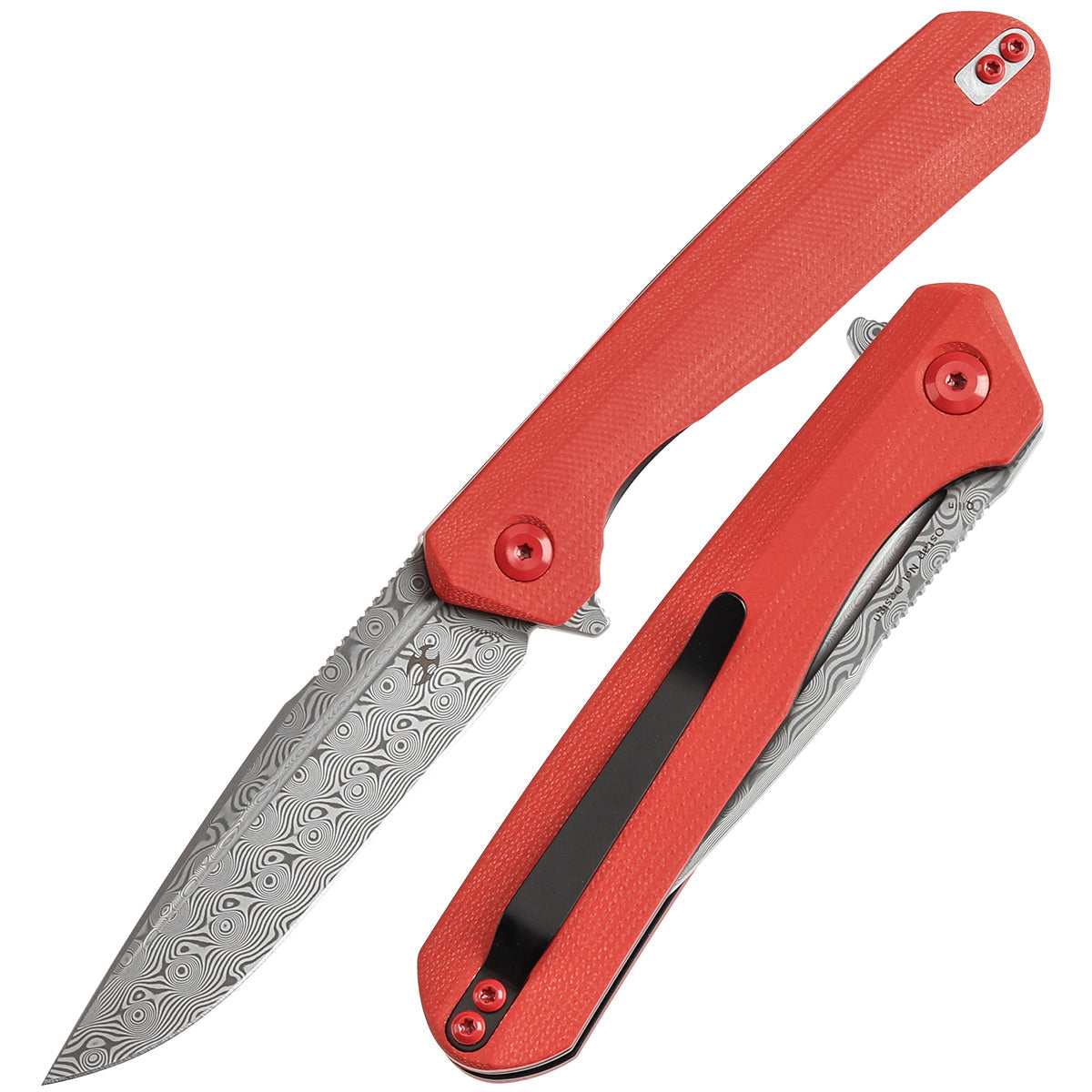 Kansept Qilin K1047A1 front view – 3.43" Damascus drop point folding knife