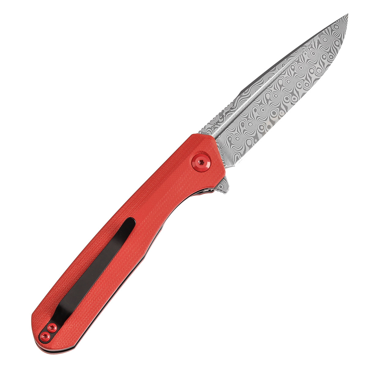 Kansept Qilin K1047A1 open position showing Damascus drop point blade
