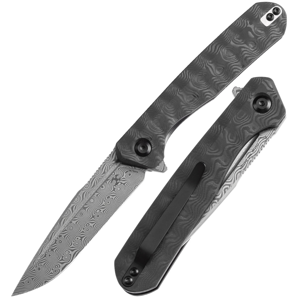 Kansept Qilin K1047A2 front view – 3.43" Damascus drop point folding knife