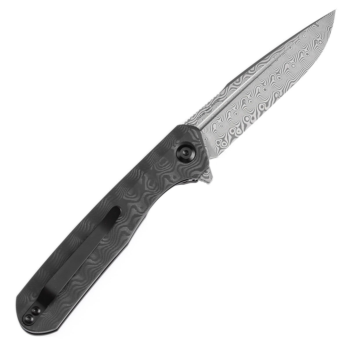 Kansept Qilin K1047A2 open position showing Damascus drop point blade