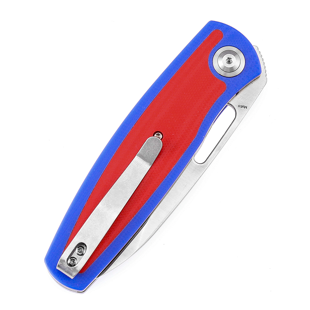 Kansept Mato K1050A1 blue and red G10 handle scales