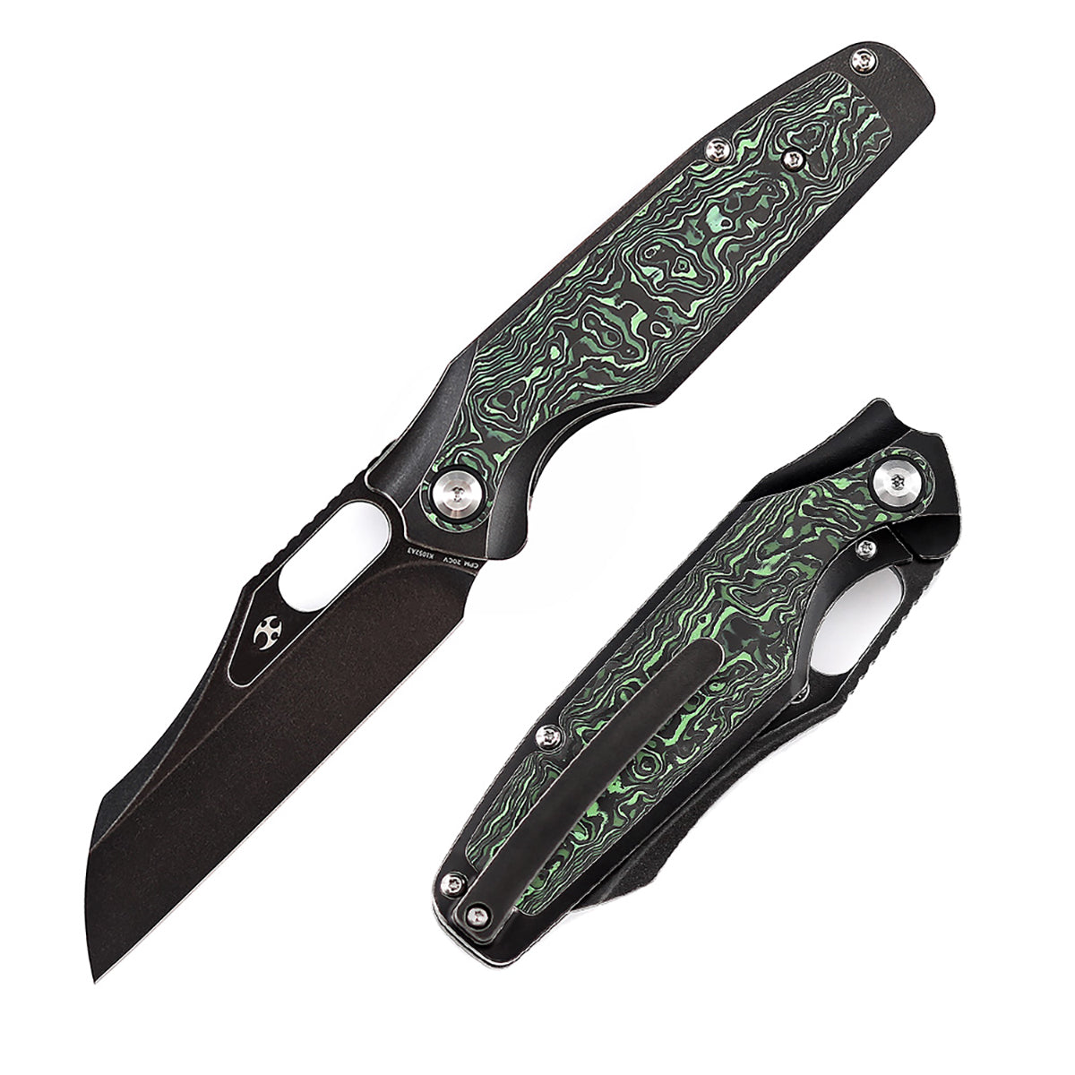 Kansept Tuckamore K1052A3 front view – 3.54" black stonewashed CPM 20CV sheepfoot folding knife