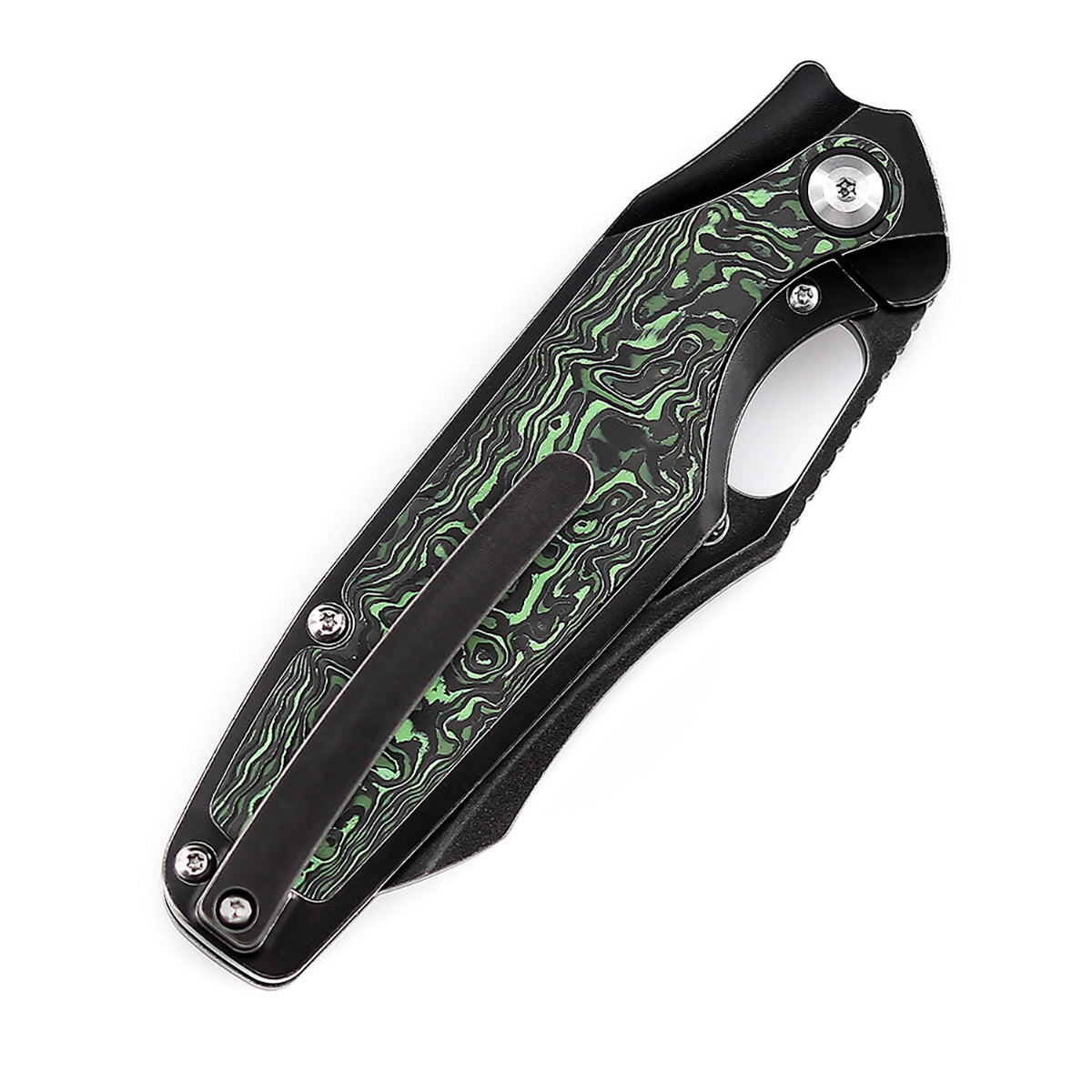 Kansept Tuckamore K1052A3 black stonewashed titanium and green carbon fiber handle scales