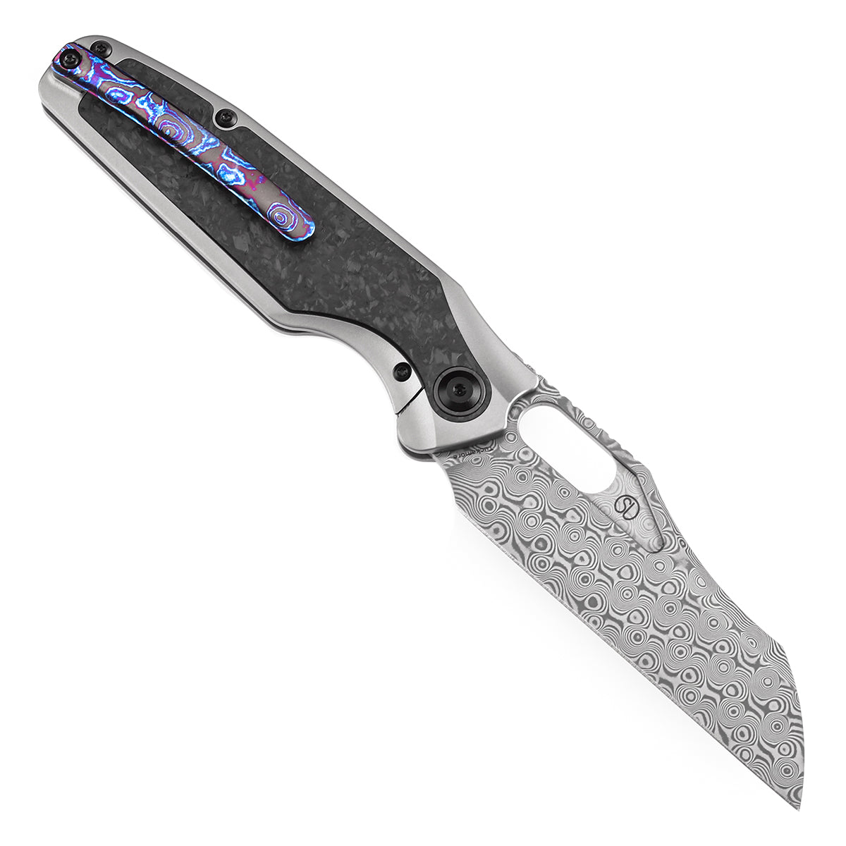 Kansept Tuckamore K1052A5 open position showing Damascus sheepfoot blade