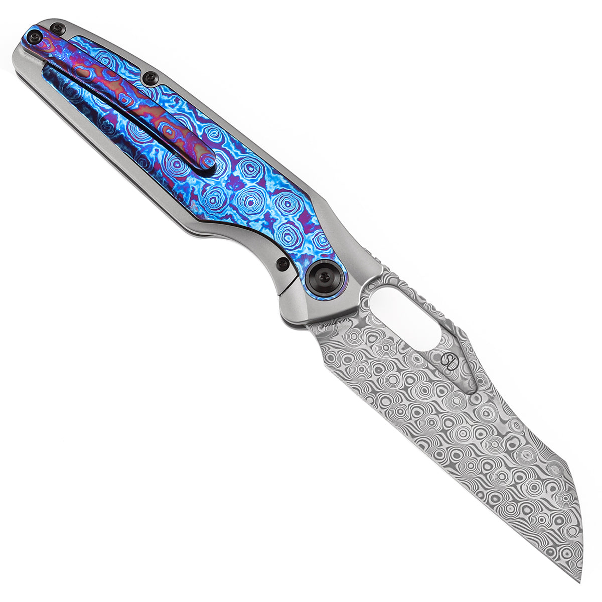 Kansept Tuckamore K1052A7 open position showing Damascus sheepfoot blade