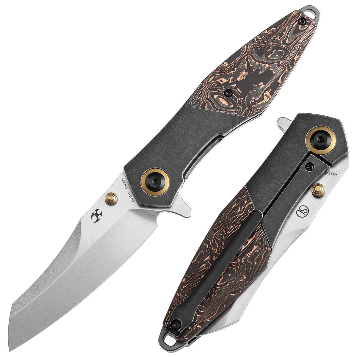 Kansept Mistaken K1053A1 front view - 3.15" stonewashed CPM 20CV Wharncliffe folding knife
