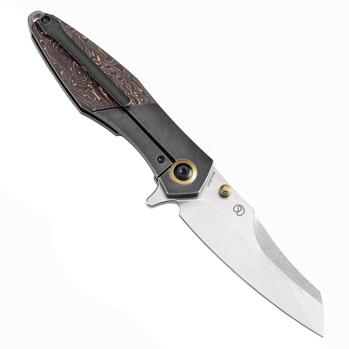 Kansept Mistaken K1053A1 open position showing CPM 20CV Wharncliffe blade