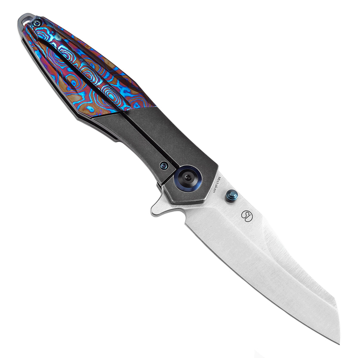 Kansept Mistaken K1053A3 open position showing CPM 20CV Wharncliffe blade