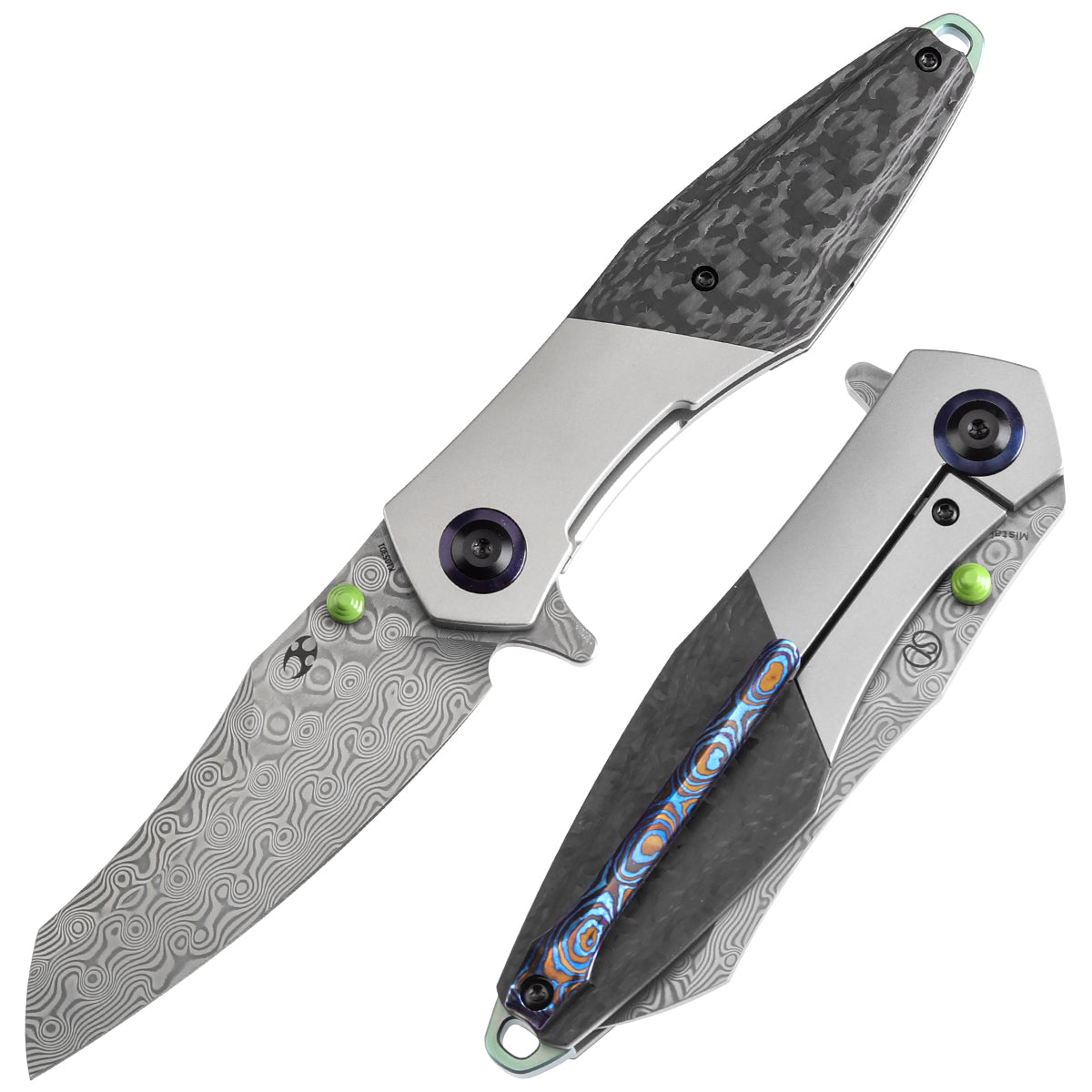 Kansept Mistaken K1053D1 front view - 3.15" Damascus Wharncliffe folding knife