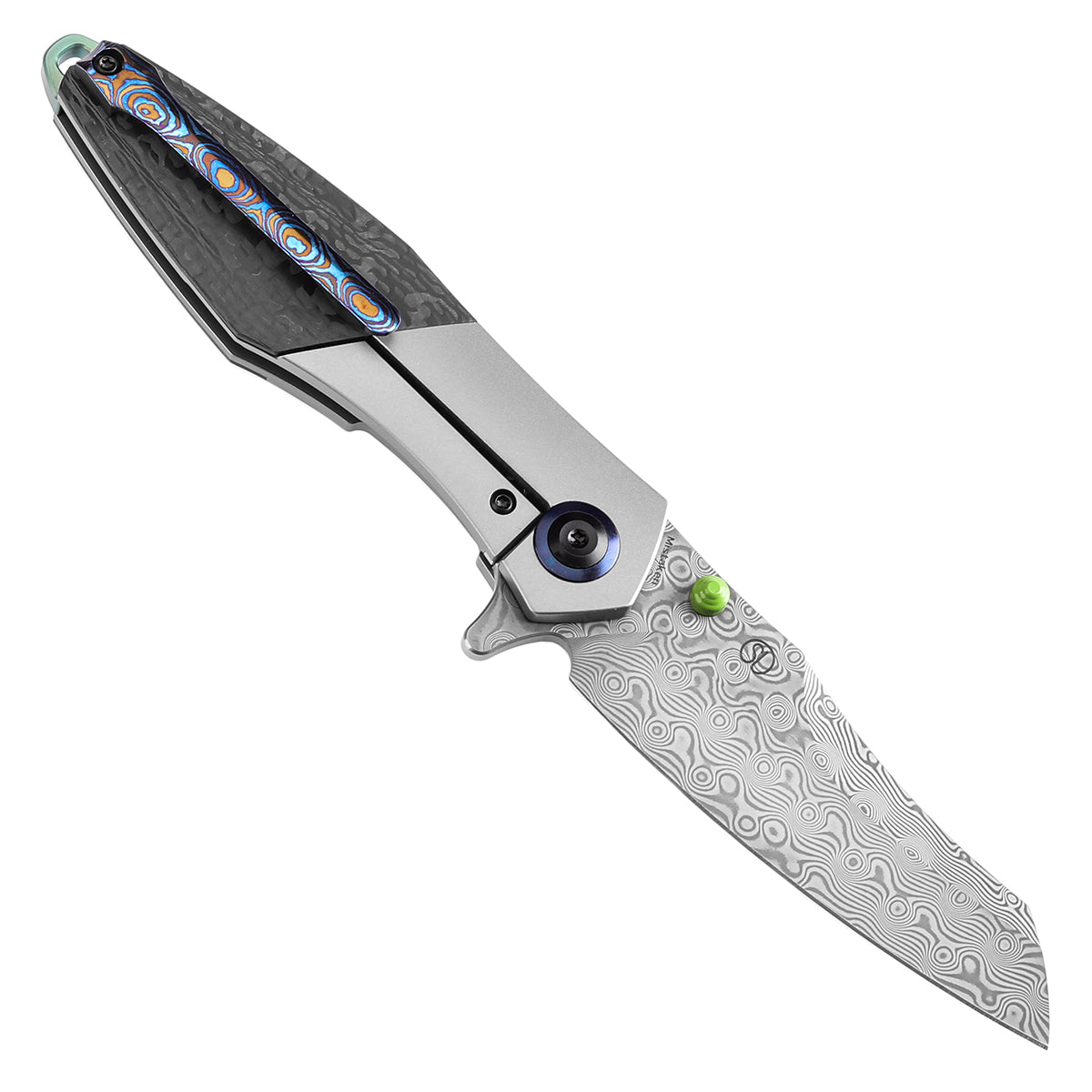 Kansept Mistaken K1053D1 open position showing Damascus Wharncliffe blade
