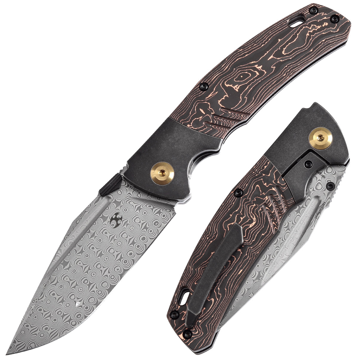 Kansept Hinterland K1057A3 front view – 3.58" Damascus clip point folding knife