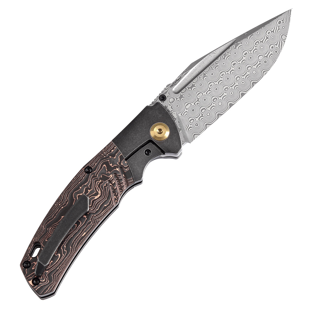 Kansept Hinterland K1057A3 open position showing Damascus clip point blade