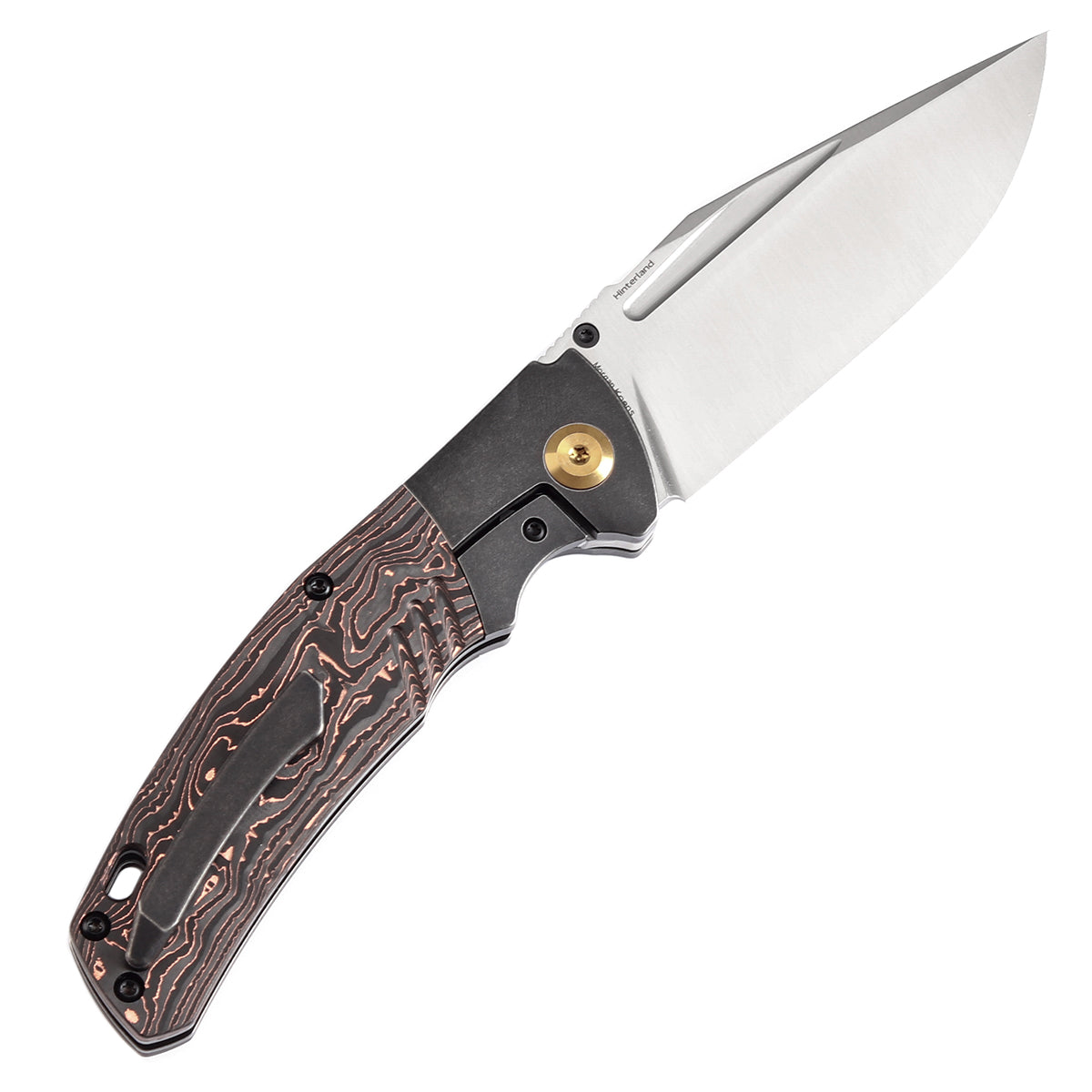 Kansept Hinterland K1057A4 open position showing Damascus clip point blade