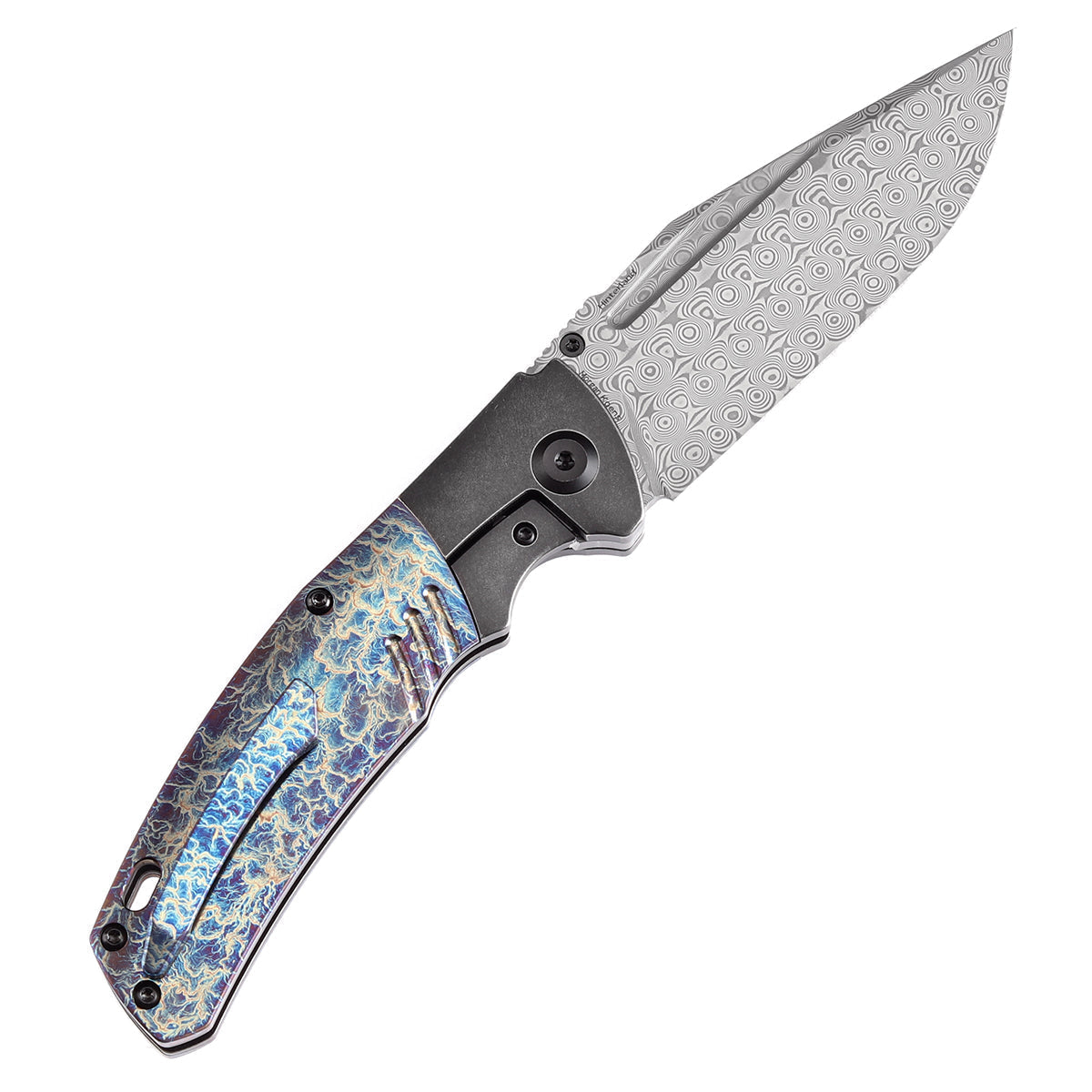 Kansept Hinterland K1057A6 open position showing Damascus clip point blade