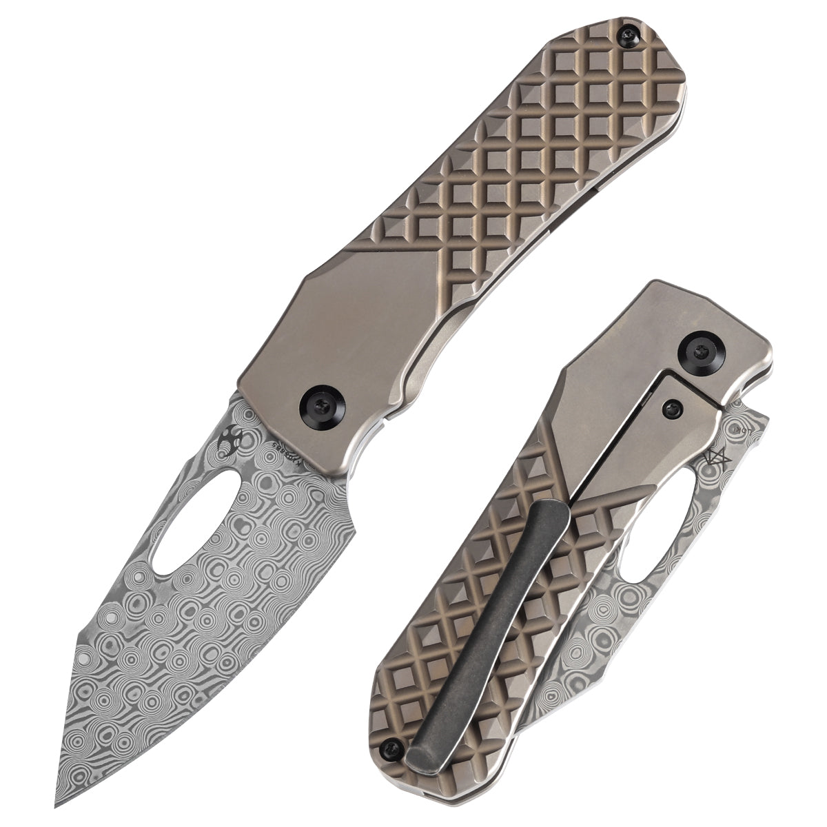 Kansept Loki K1058B5 front view – 2.99" Damascus drop point folding knife
