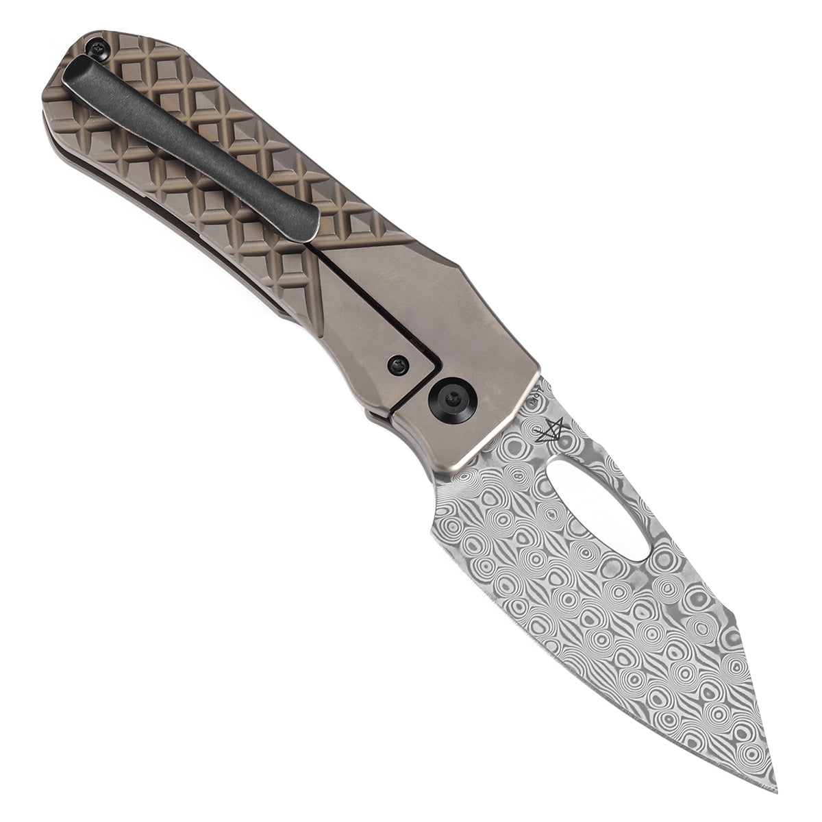 Kansept Loki K1058B5 open position showing Damascus drop point blade