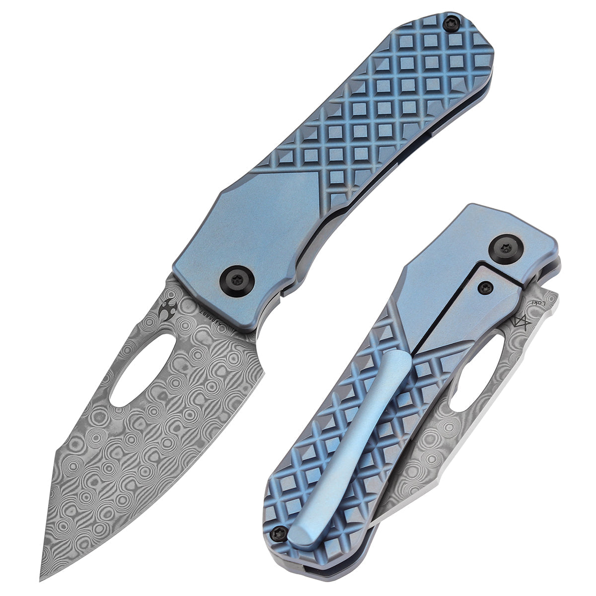 Kansept Loki K1058B7 front view – 2.99" Damascus drop point folding knife