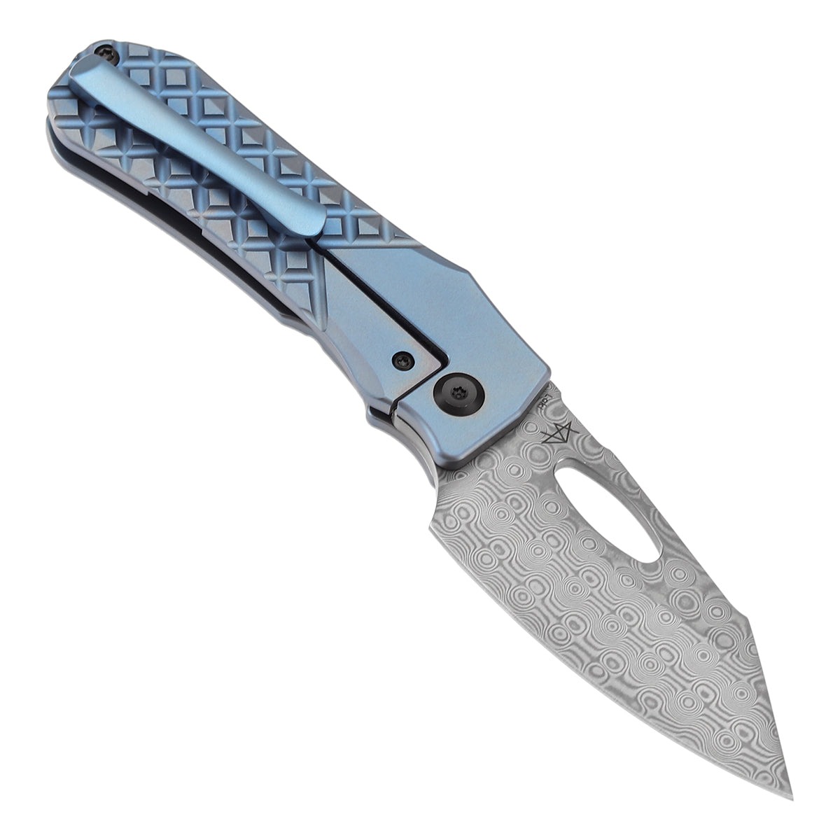 Kansept Loki K1058B7 open position showing Damascus drop point blade