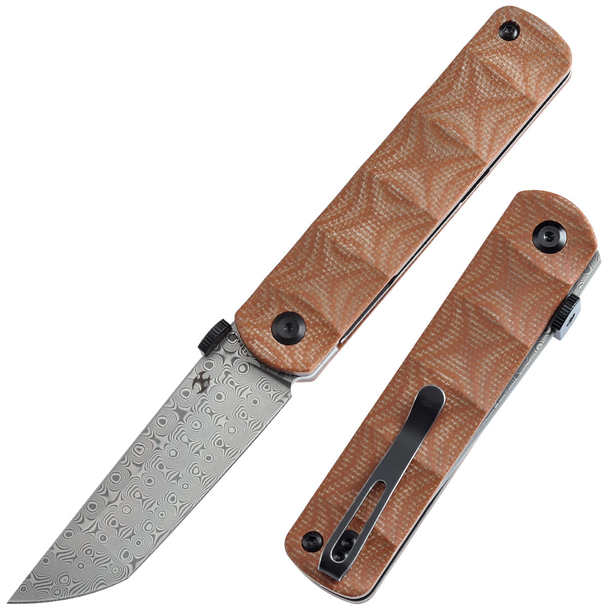 Kansept BTF K1064A4 front view – 3.24" Damascus tanto folding knife