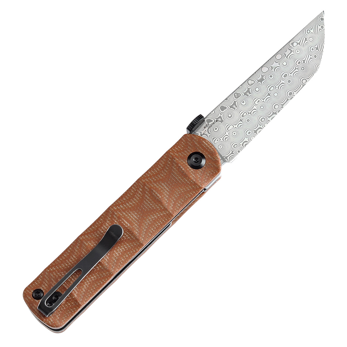 Kansept BTF K1064A4 open position showing Damascus tanto blade