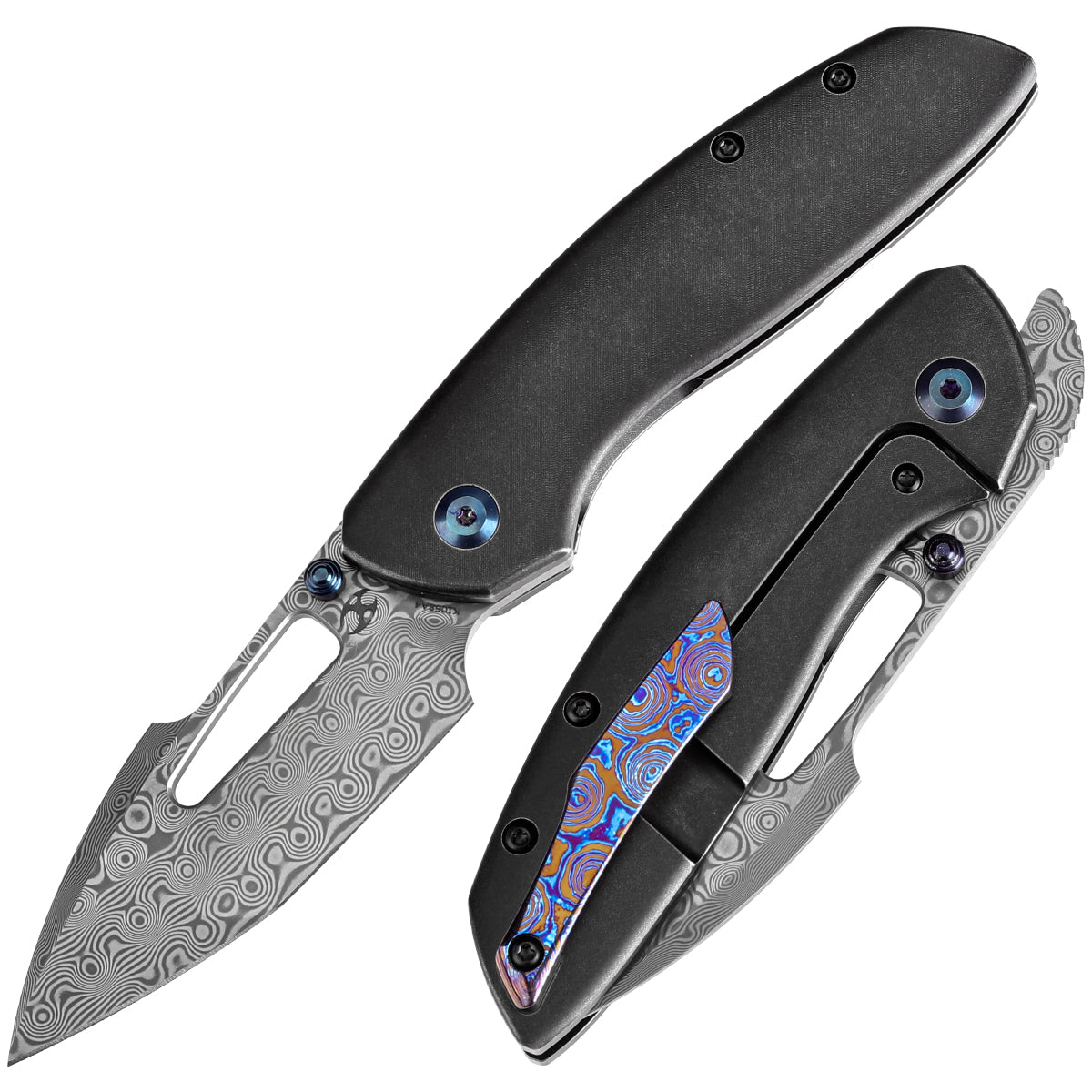 Kansept Link K1068A4 front view – 3.0" Damascus tanto harpoon folding knife