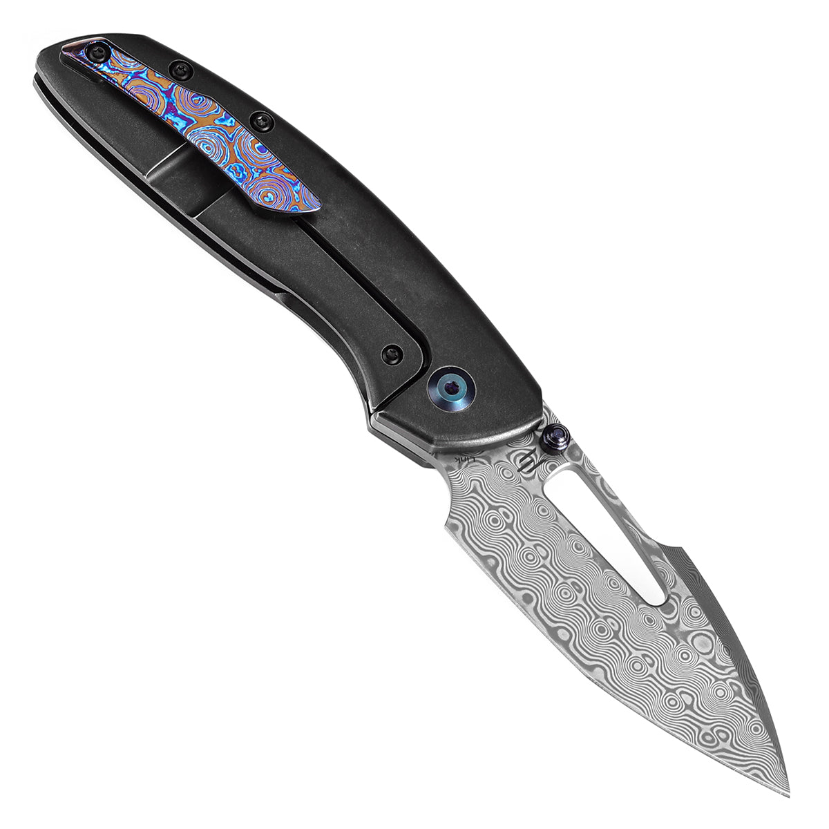 Kansept Link K1068A4 open position showing Damascus tanto harpoon blade
